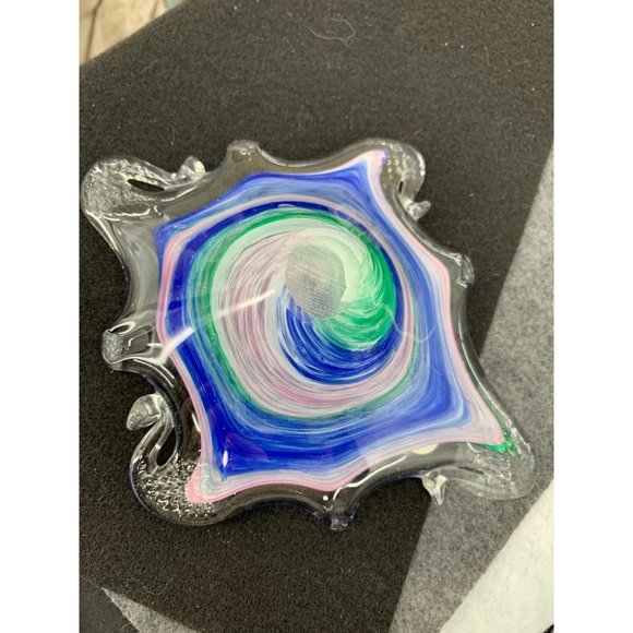 Murano Blown Glass Candy Dish Blue Green Pink Swirl on Clear - Picture 3 of 6